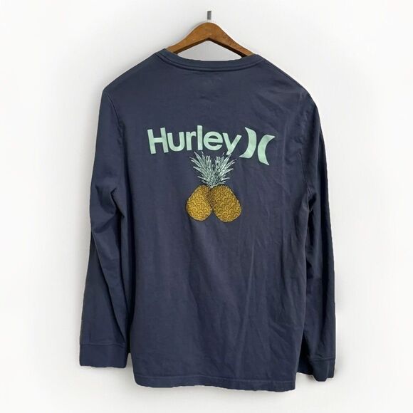 Hurley Mens Long Sleeve T-Shirt 100% Cotton Navy Size Medium Graphic Tee - Picture 2 of 8
